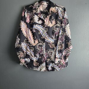 Chico's 2 Cotton No-Iron Sateen Paisley Women's 12 Wing-Collar Button Up Blouse